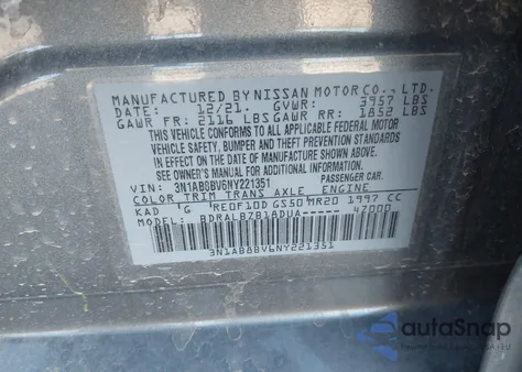 2022 Nissan Sentra S Xtronic Cvt из США, поврежденный, VIN 3N1AB8BV6NY221351